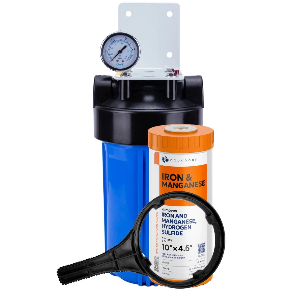1-Stage 10" Whole House Water Filtration System by Aquaboon For Iron And Manganese Filtration On White Coated Iron Bracket SKU: AB-WH10BB-1IRM10BB