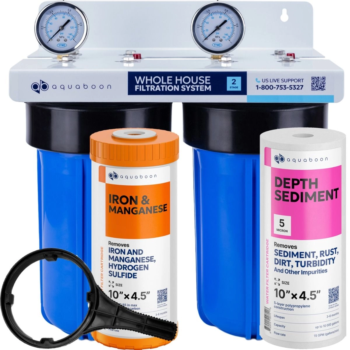 2-Stage 10" Whole House Water Filtration System by Aquaboon For Iron And Manganese Filtration On White Coated Iron Bracket SKU: AB-2WH10BB-1IRM10BB-1S10BB5M