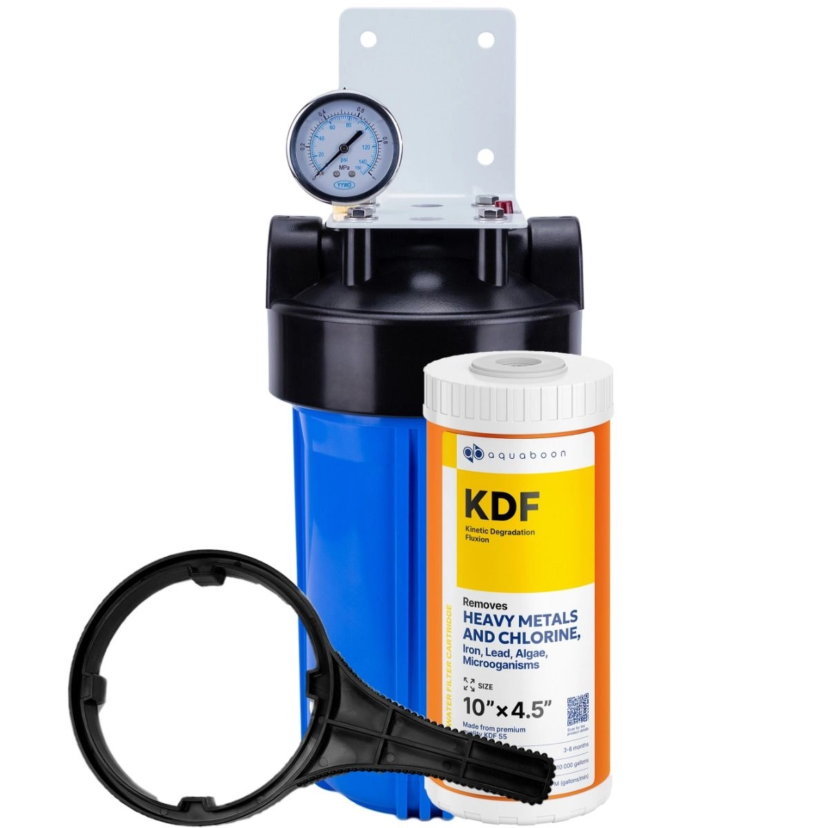 1-Stage 10" Whole House Water Filtration System by Aquaboon For Heavy Metals Filtration On White Coated Iron Bracket SKU: AB-WH10BB-1K10BB
