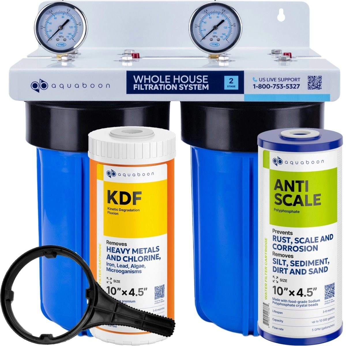 2-Stage 10" Whole House Water Filtration System by Aquaboon For Premium Filtration On White Coated Iron Bracket SKU: AB-2WH10BB-1K10BB-1PPH10BB