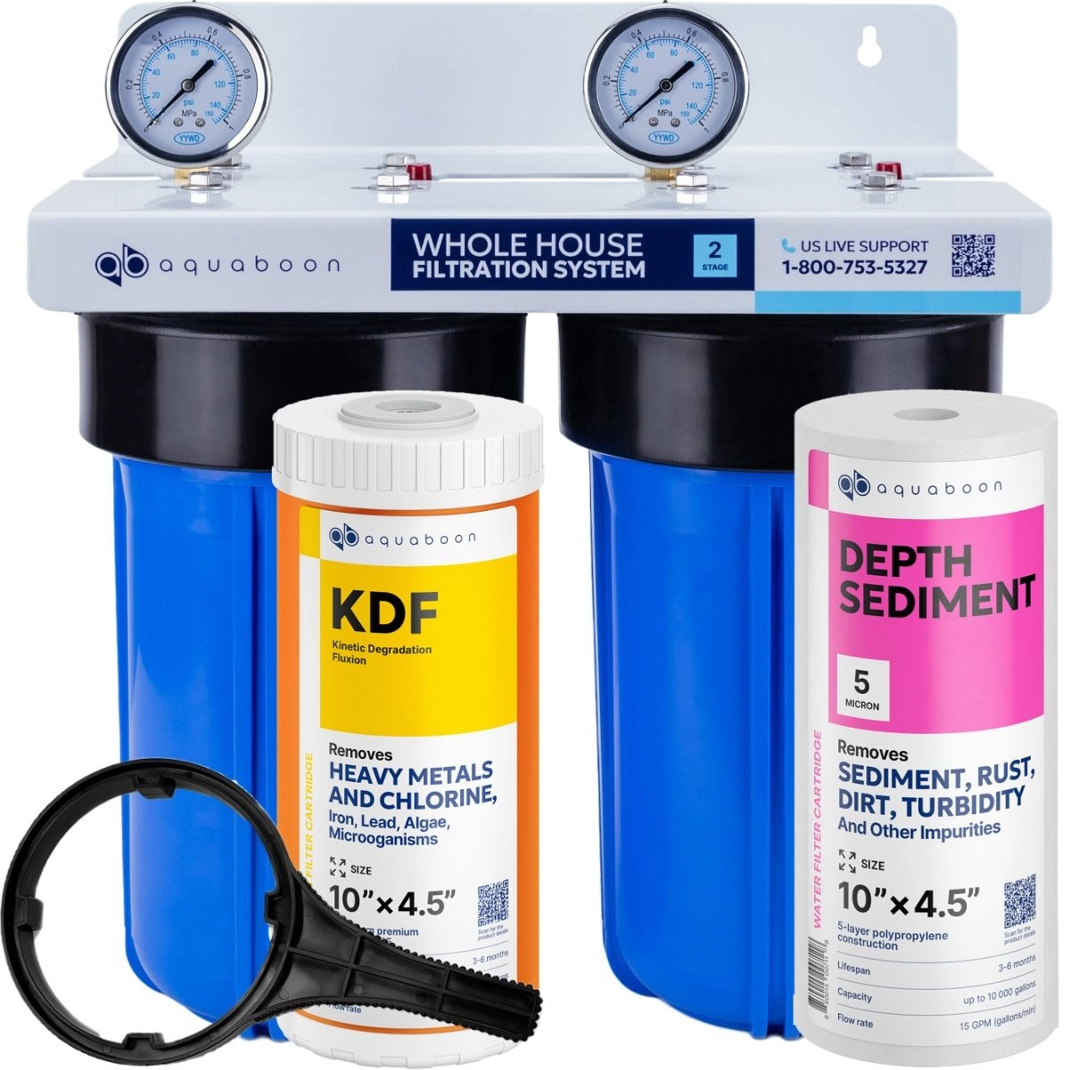 2-Stage 10" Whole House Water Filtration System by Aquaboon For Heavy Metals Filtration On White Coated Iron Bracket SKU: AB-2WH10BB-1K10BB-1S10BB5M