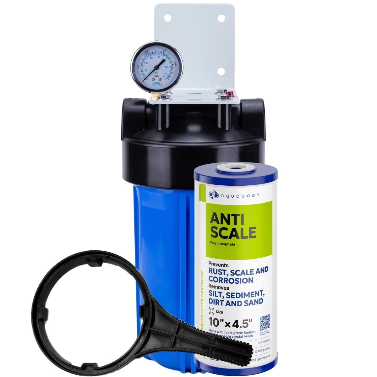 1-Stage 10" Whole House Water Filtration System by Aquaboon For Anti-Scale Filtration On White Coated Iron Bracket SKU: AB-WH10BB-1PPH10BB