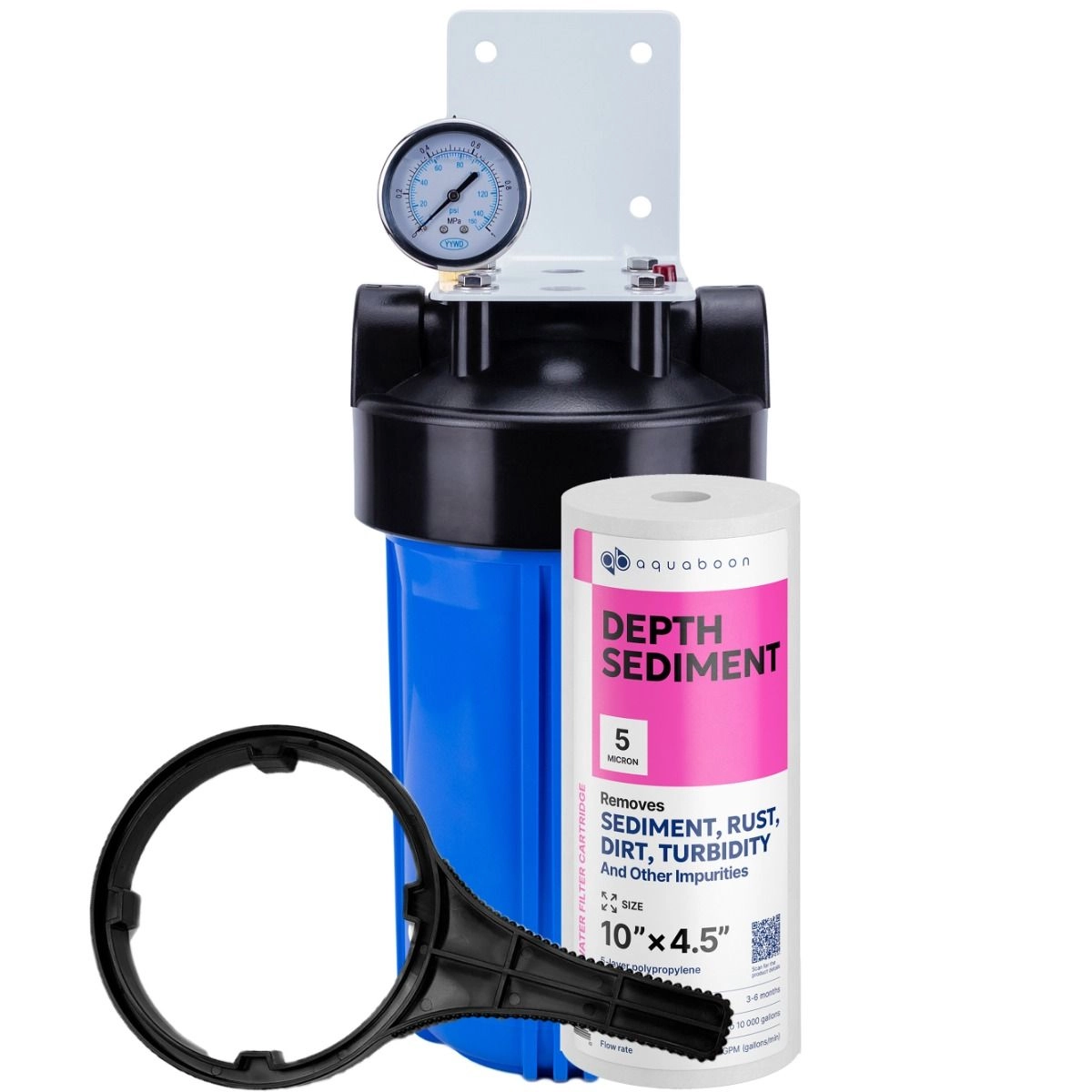1-Stage 10" Whole House Water Filtration System by Aquaboon For Sediment Filtration On White Coated Iron Bracket SKU: AB-WH10BB-1S10BB5M