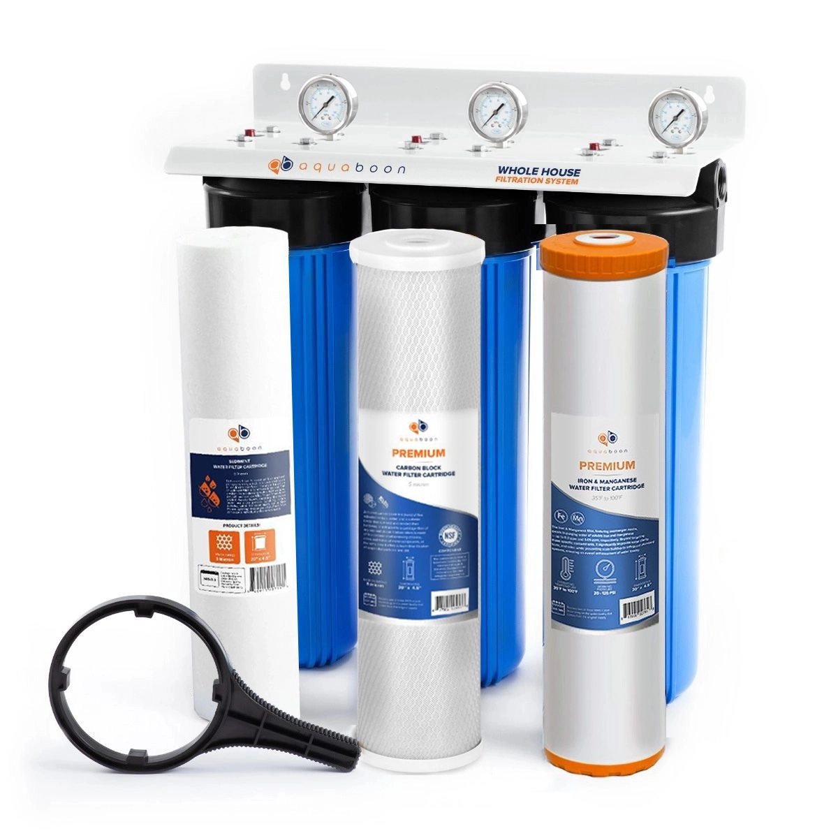 3-Stage 20" Whole House Water Filtration System by Aquaboon For Iron And Manganese Filtration On White Coated Iron Bracket SKU: AB-3WH20BB-1C20BB5M-1IRM20BB-1S20BB5M