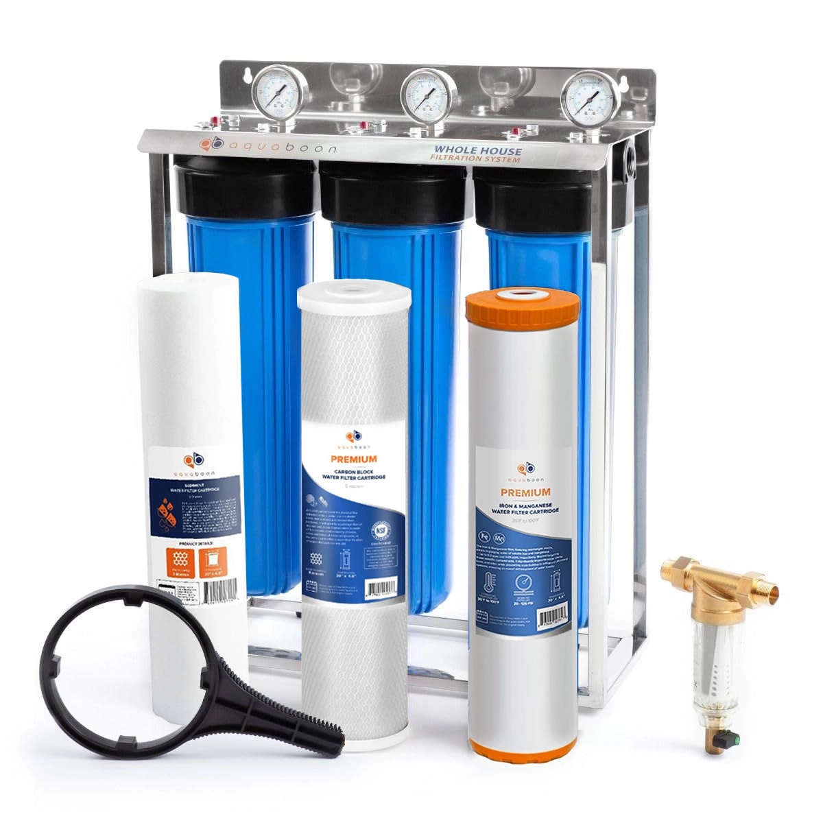 3-Stage 20" Whole House Water Filtration System by Aquaboon For Iron And Manganese Filtration On Stainless Steel Stand SKU: AB-3WHS20BB-1C20BB5MP-1IRM20BB-1S20BB5M