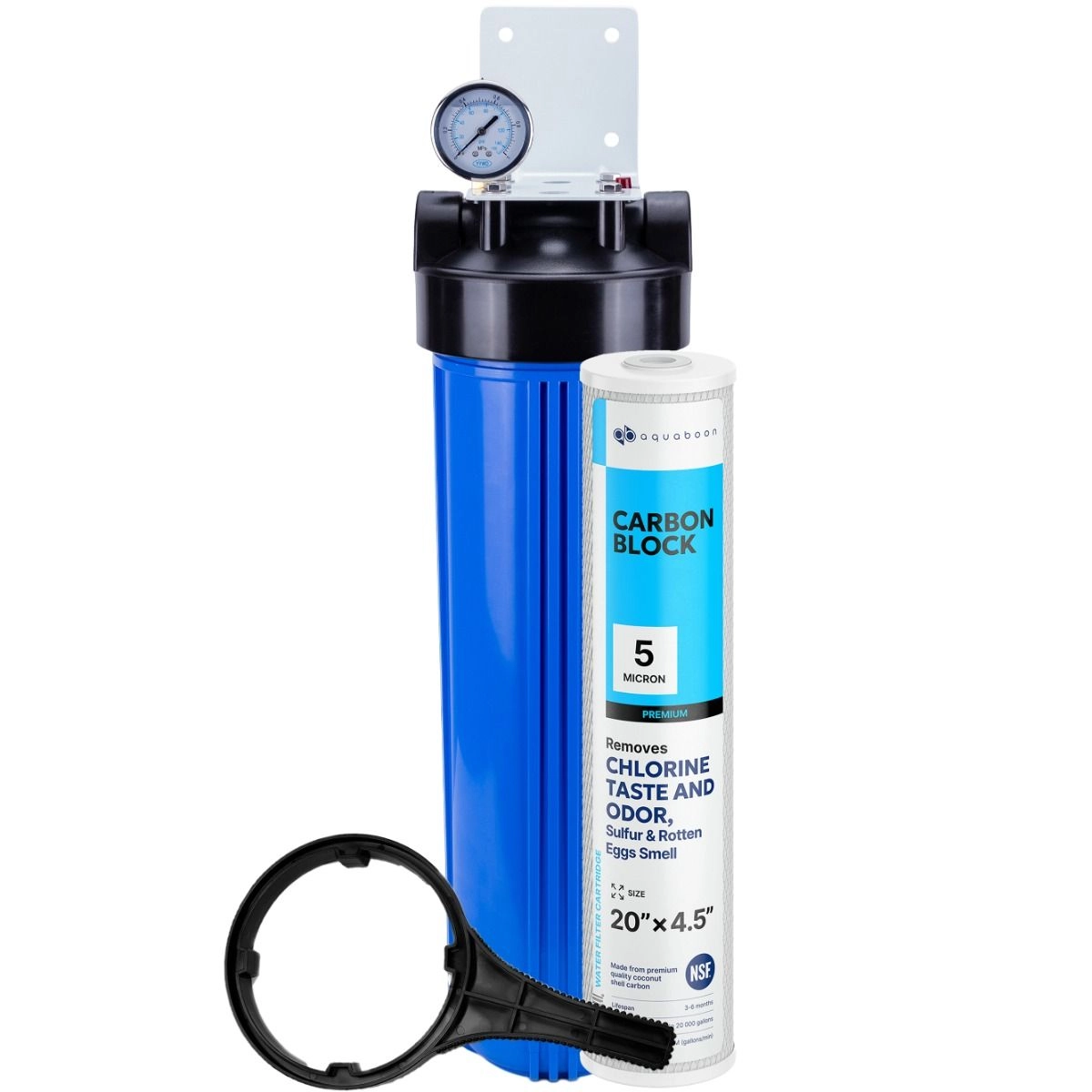 1-Stage 20" Whole House Water Filtration System by Aquaboon For Basic Filtration On White Coated Iron Bracket SKU: AB-WH20BB-1C20BB5M