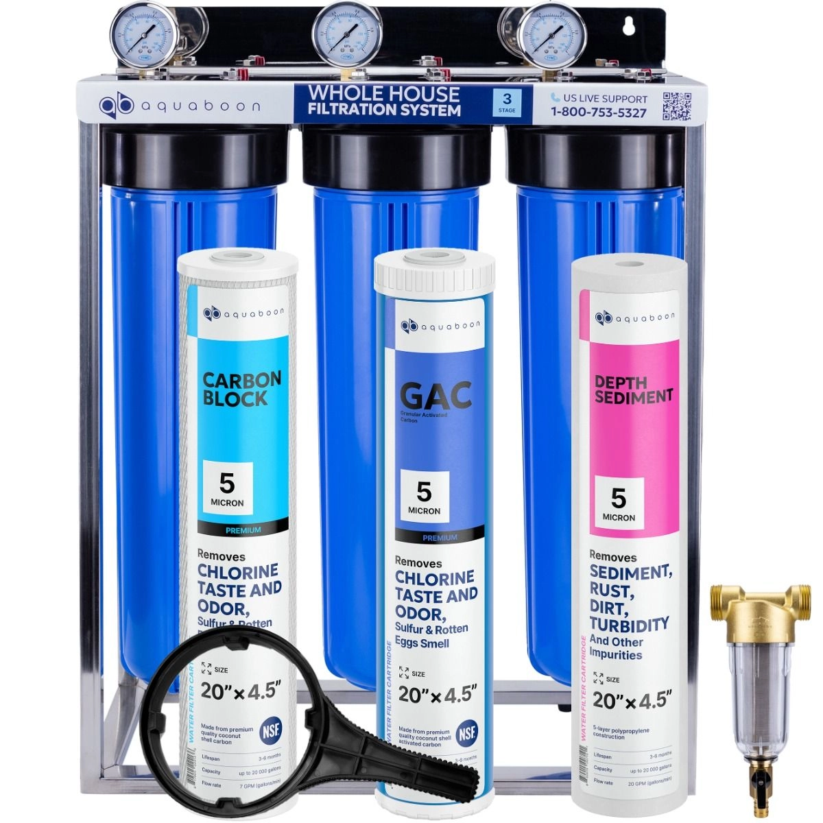 Chlorine Taste And Odor Filtration 3-Stage 20" Whole House Water Filtration System by Aquaboon On Stainless Steel Stand SKU: AB-3WHS20BB-1C20BB5MP-1G20BB5M-1S20BB5M