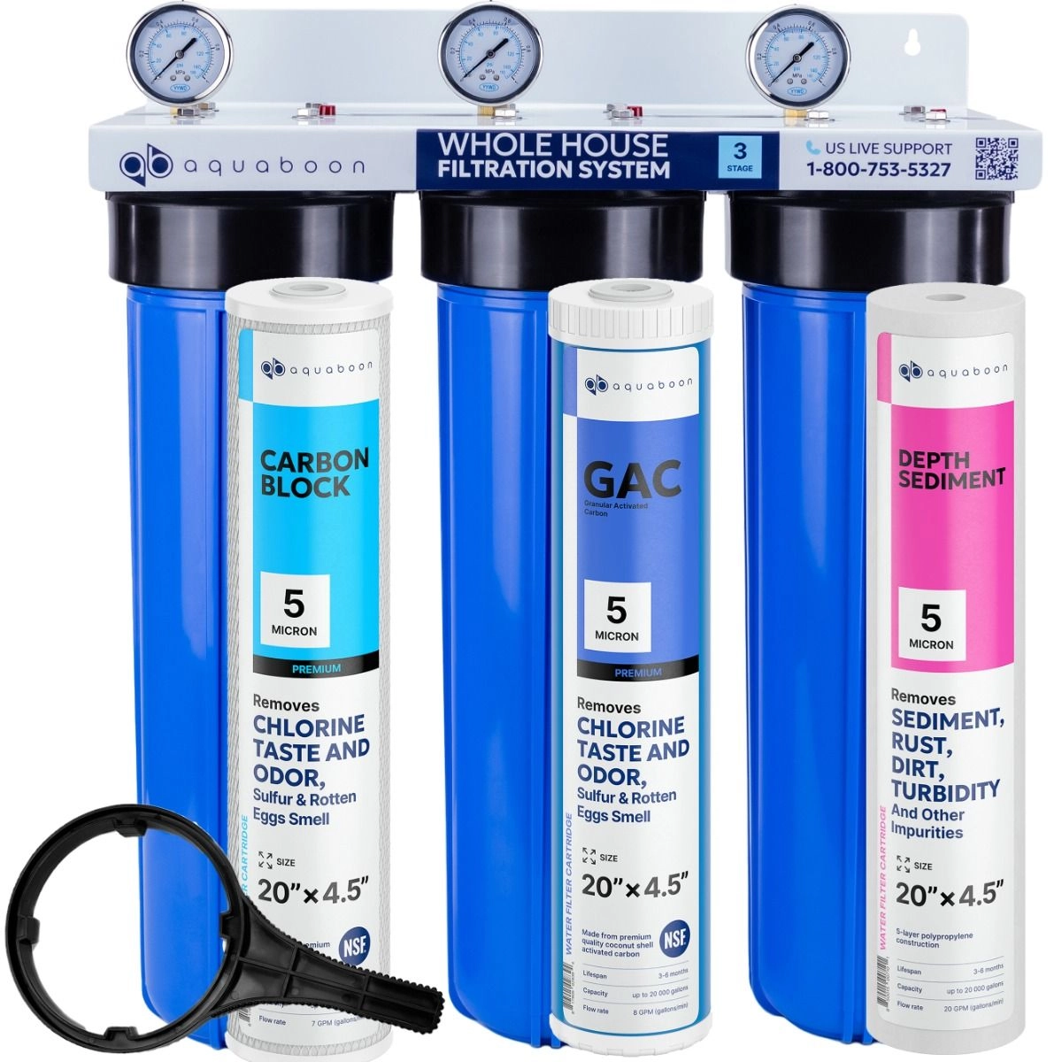 Chlorine Taste And Odor Filtration 3-Stage 20" Whole House Water Filtration System by Aquaboon On White Coated Iron Bracket SKU: AB-3WH20BB-1C20BB5M-1G20BB5M-1S20BB5M