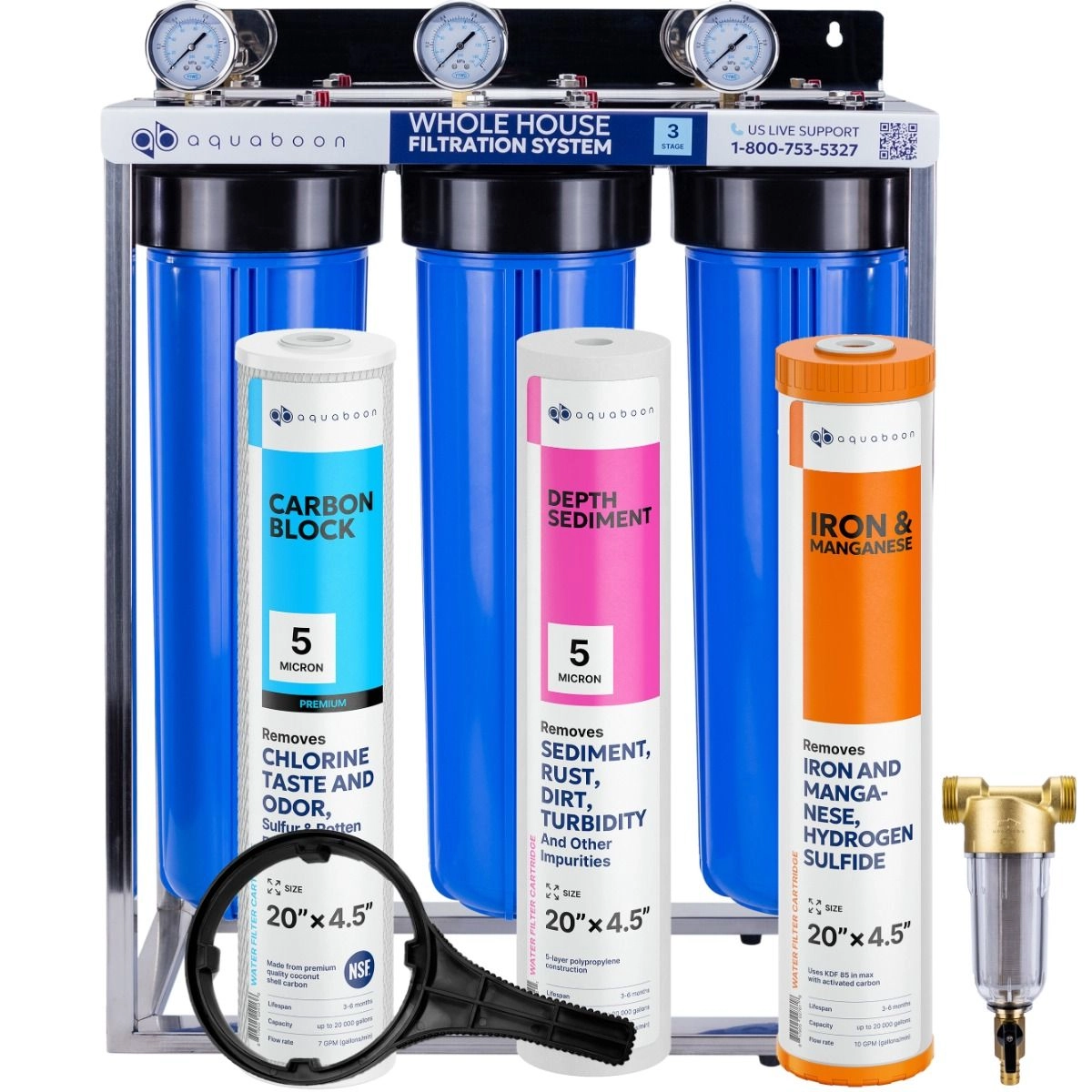 3-Stage 20" Whole House Water Filtration System by Aquaboon For Iron And Manganese Filtration On Stainless Steel Stand SKU: AB-3WHS20BB-1C20BB5MP-1IRM20BB-1S20BB5M