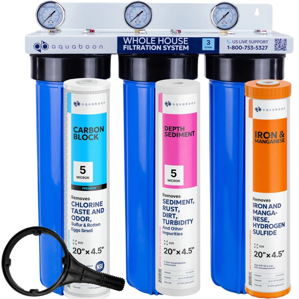 3-Stage 20" Whole House Water Filtration System by Aquaboon For Iron And Manganese Filtration On White Coated Iron Bracket SKU: AB-3WH20BB-1C20BB5M-1IRM20BB-1S20BB5M