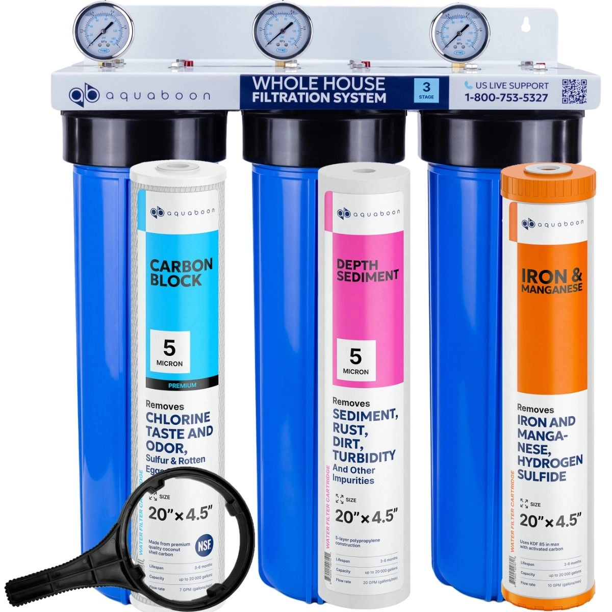 3-Stage 20" Whole House Water Filtration System by Aquaboon For Iron And Manganese Filtration On White Coated Iron Bracket SKU: AB-3WH20BB-1C20BB5M-1IRM20BB-1S20BB5M