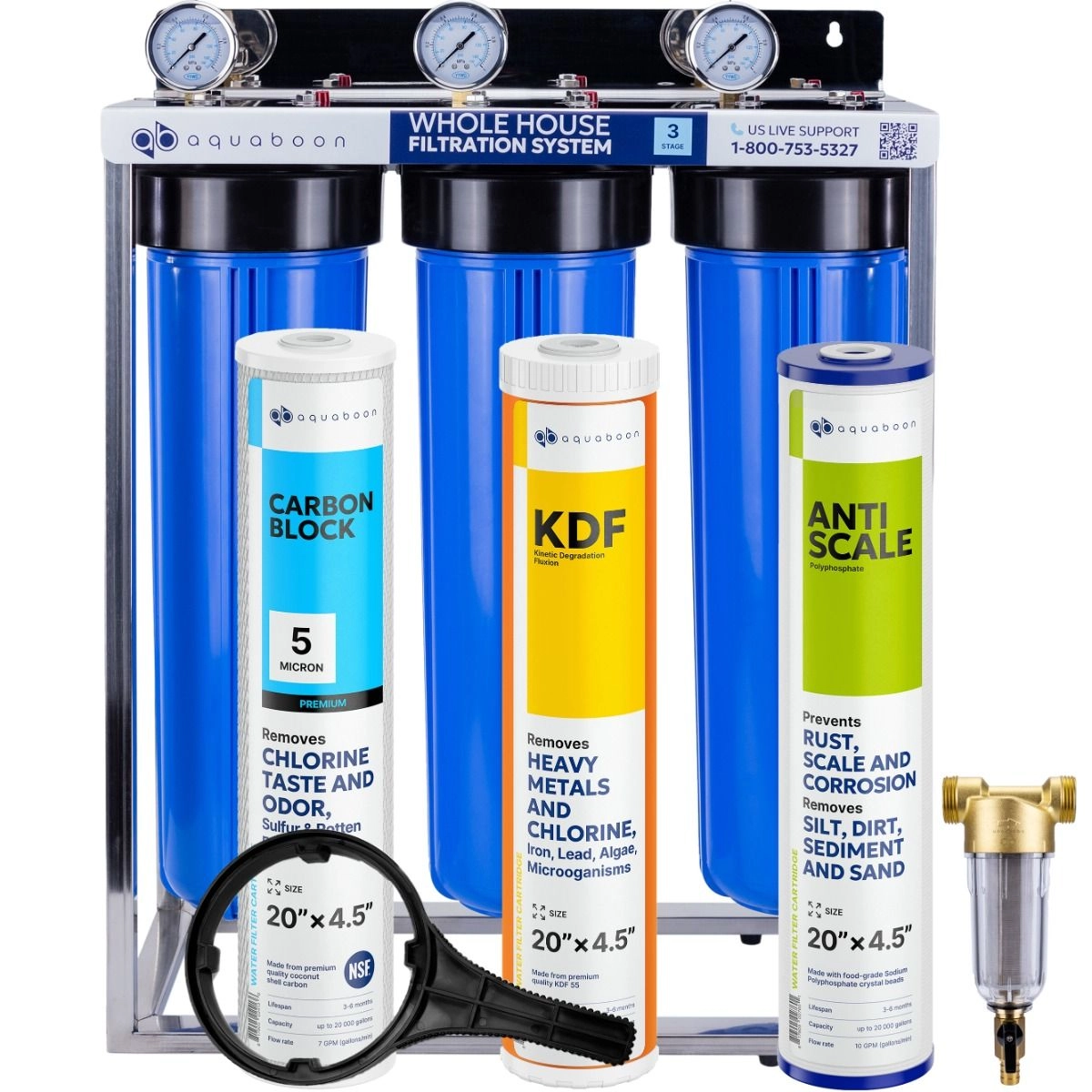 Anti Scale, Heavy Metals And Chlorine Filtration 3-Stage 20" Whole House Water Filtration System by Aquaboon On Stainless Steel Stand SKU: AB-3WHS20BB-1C20BB5MP-1K20BB-1PPH20BB