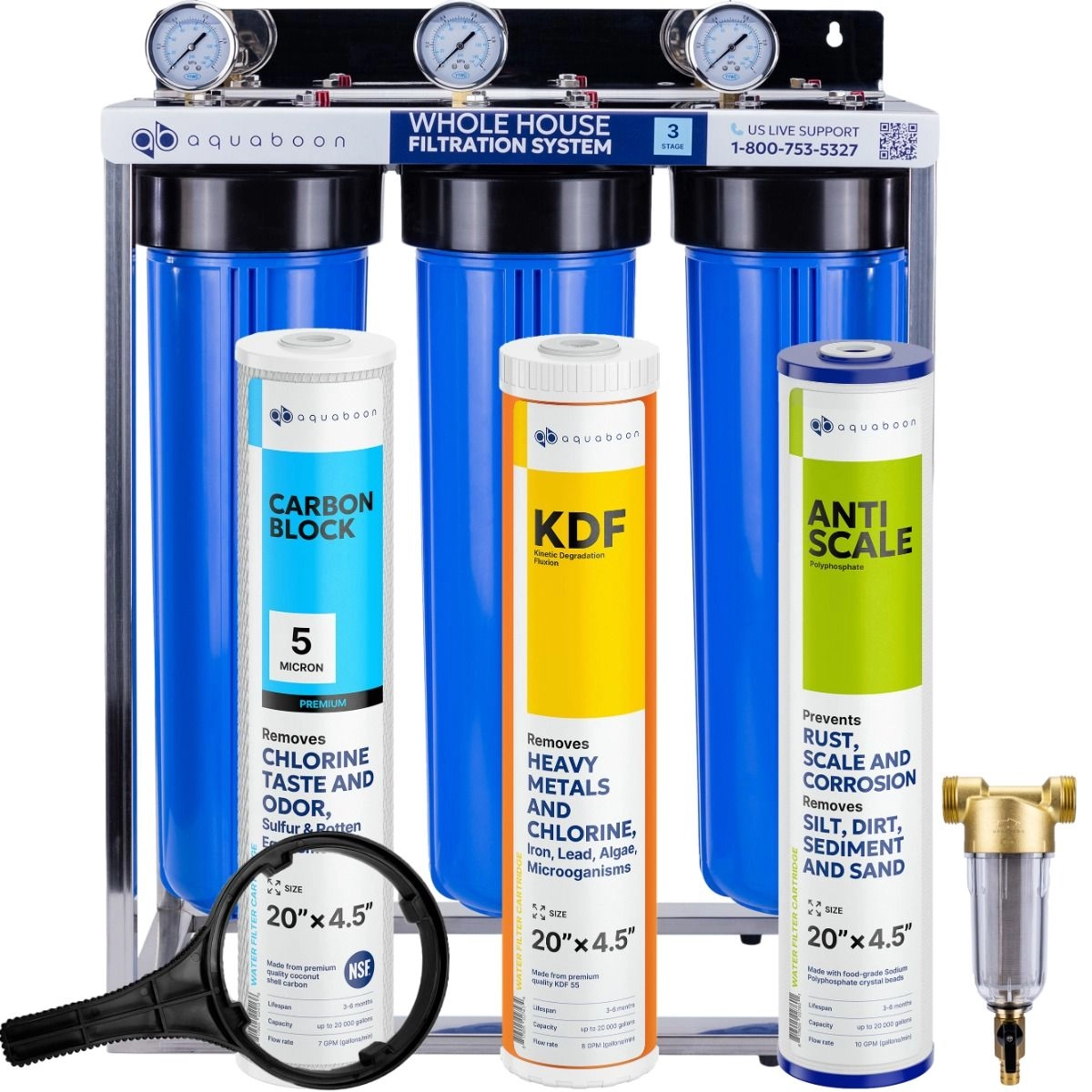 Anti Scale, Heavy Metals And Chlorine Filtration 3-Stage 20" Whole House Water Filtration System by Aquaboon On Stainless Steel Stand SKU: AB-3WHS20BB-1C20BB5MP-1K20BB-1PPH20BB