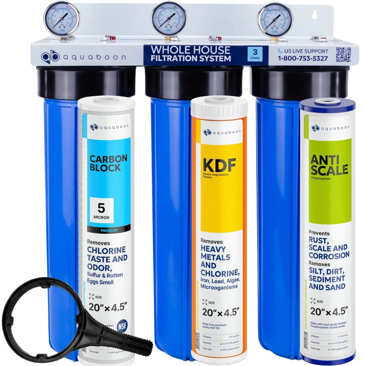 Anti Scale, Heavy Metals And Chlorine Filtration 3-Stage 20" Whole House Water Filtration System by Aquaboon On White Coated Iron Bracket SKU: AB-3WH20BB-1C20BB5M-1K20BB-1PPH20BB