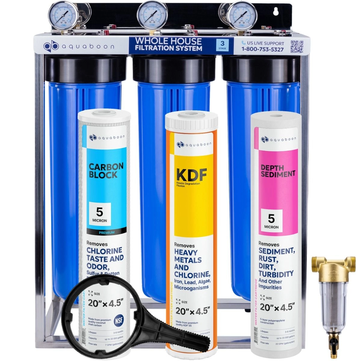 Heavy Metals And Chlorine Filtration 3-Stage 20" Whole House Water Filtration System by Aquaboon For On Stainless Steel Stand SKU: AB-3WHS20BB-1C20BB5MP-1K20BB-1S20BB5M
