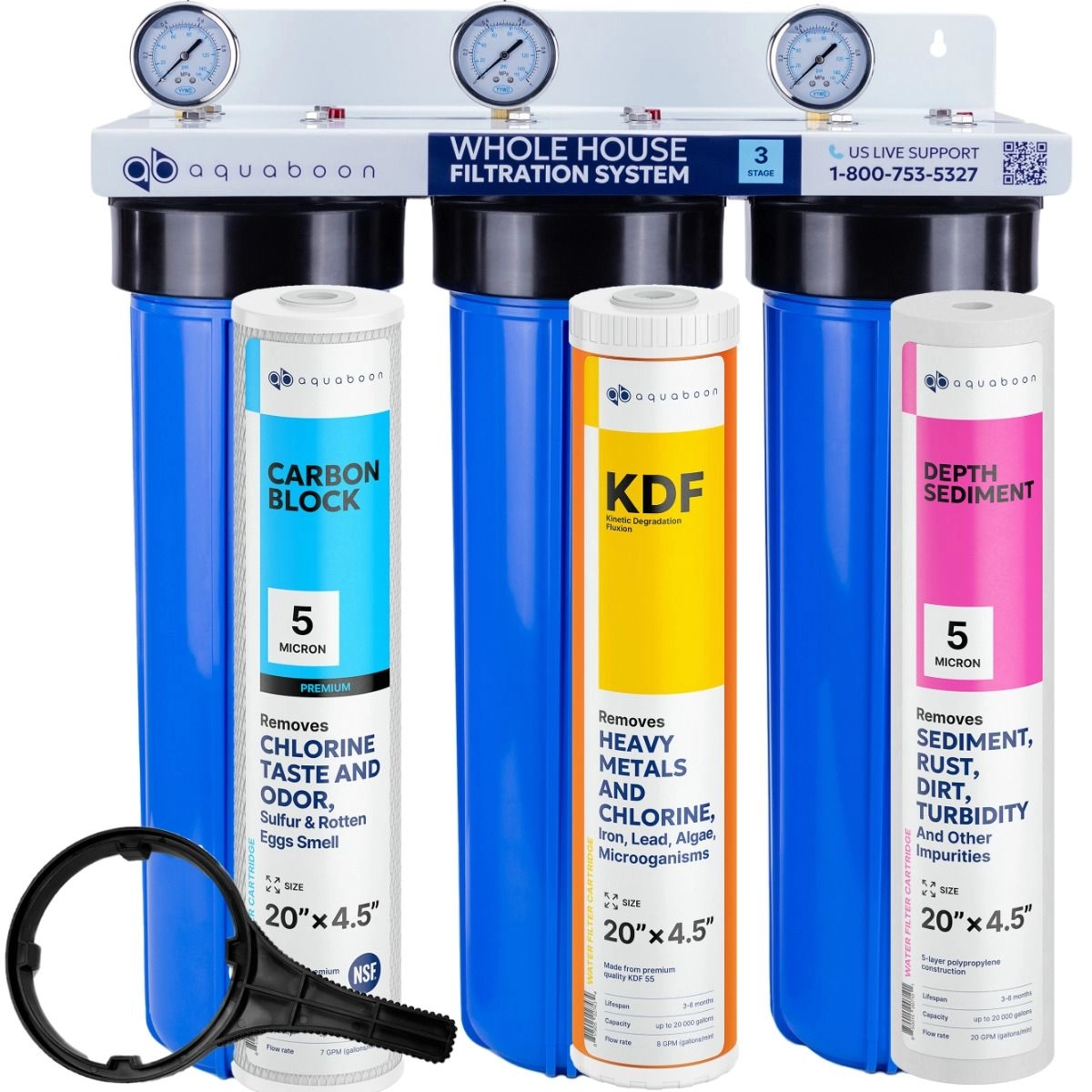 Heavy Metals And Chlorine Taste And Odor Filtration 3-Stage 20" Whole House Water Filtration System by Aquaboon On White Coated Iron Bracket SKU: AB-3WH20BB-1C20BB5M-1K20BB-1S20BB5M