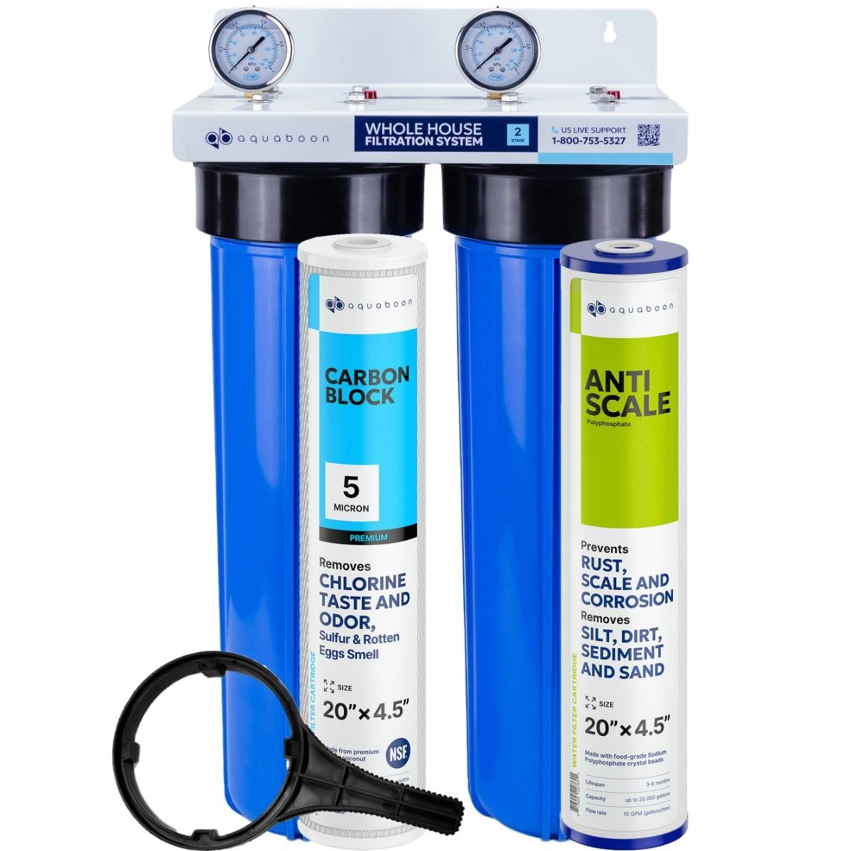 2-Stage 20" Whole House Water Filtration System by Aquaboon For Anti-Scale Filtration On Stainless Steel Bracket SKU: AB-2WHS20BB-1C20BB5MP-1PPH20BB