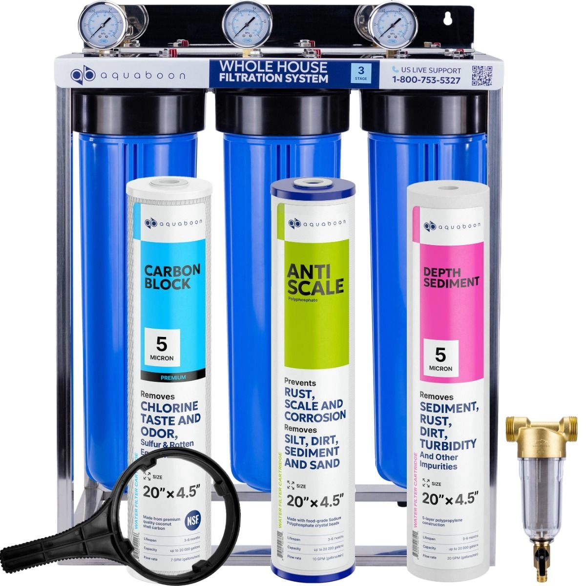 3-Stage 20" Whole House Water Filtration System by Aquaboon For Anti-Scale Filtration On Stainless Steel Stand SKU: AB-3WHS20BB-1C20BB5MP-1PPH20BB-1S20BB5M