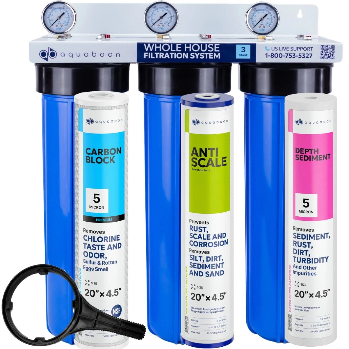 3-Stage 20" Whole House Water Filtration System by Aquaboon For Anti-Scale Filtration On White Coated Iron Bracket SKU: AB-3WH20BB-1C20BB5M-1PPH20BB-1S20BB5M