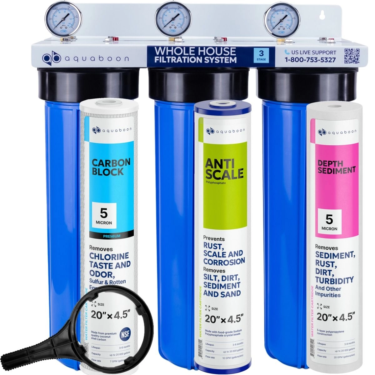 3-Stage 20" Whole House Water Filtration System by Aquaboon For Anti-Scale Filtration On White Coated Iron Bracket SKU: AB-3WH20BB-1C20BB5M-1PPH20BB-1S20BB5M