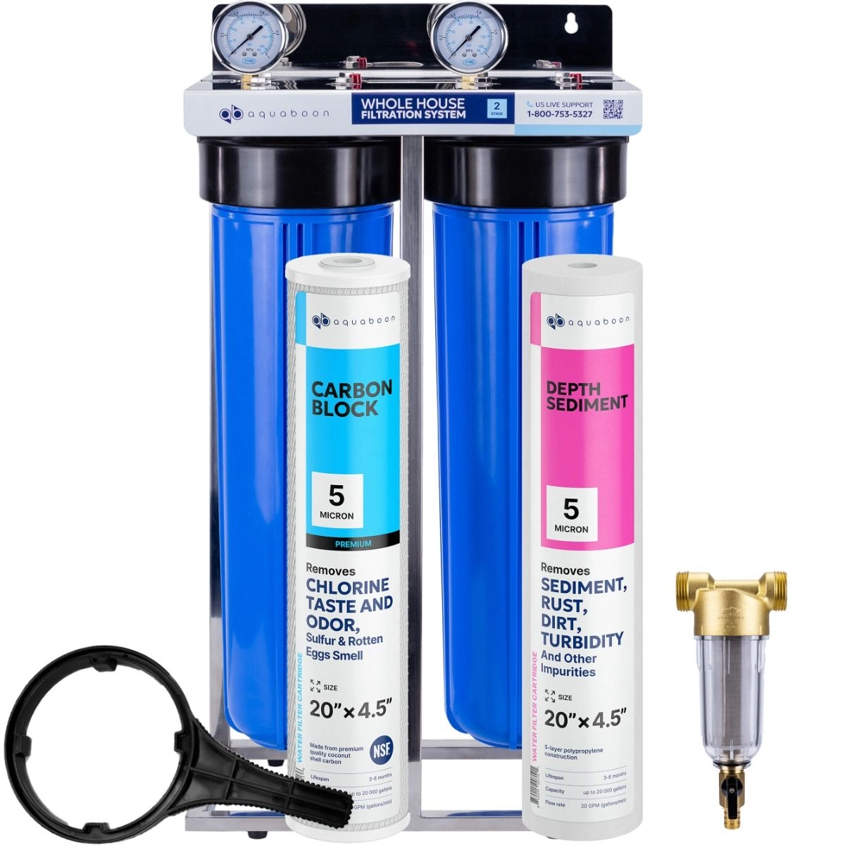 Chlorine Taste And Odor Filtration 2-Stage 20" Whole House Water Filtration System by Aquaboon On White Coated Iron Bracket SKU: AB-2WH20BB-1C20BB5M-1S20BB5M