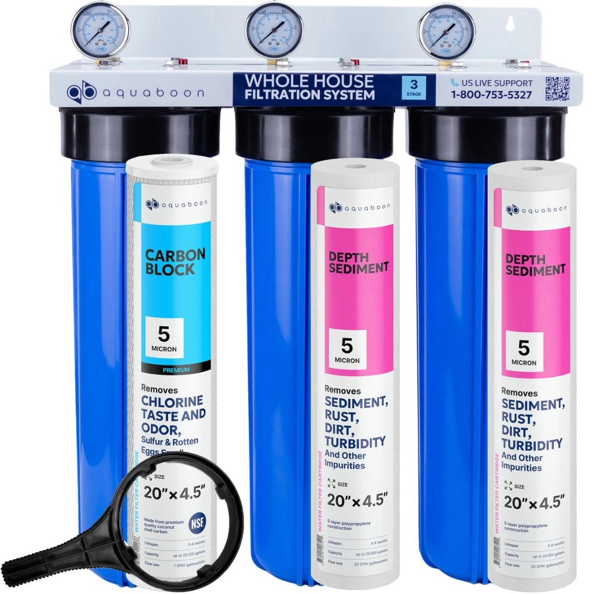 3-Stage 20" Whole House Water Filtration System by Aquaboon AB-3WH20BB-1C20BB5M-2S20BB5M