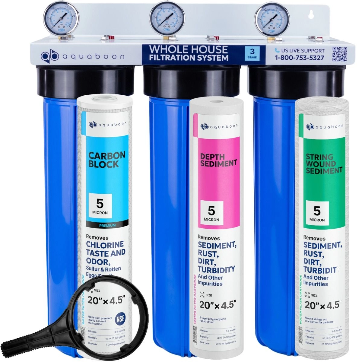 3-Stage 20" Whole House Water Filtration System by Aquaboon AB-3WH20BB-1C20BB5M-1S20BB5M-1SW20BB5M