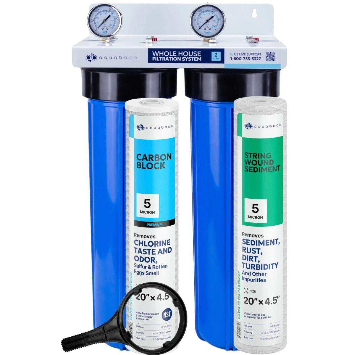Chlorine Taste And Odor Filtration 2-Stage 20" Whole House Water Filtration System by Aquaboon On White Coated Iron Bracket SKU: AB-2WH20BB-1C20BB5M-1SW20BB5M