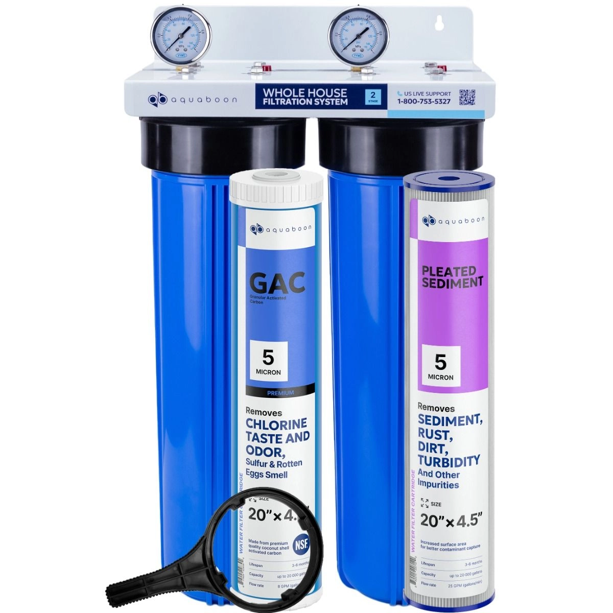 Chlorine Taste And Odor Filtration 2-Stage 20" Whole House Water Filtration System by Aquaboon On White Coated Iron Bracket SKU: AB-2WH20BB-1G20BB5M-1PL20BB5M