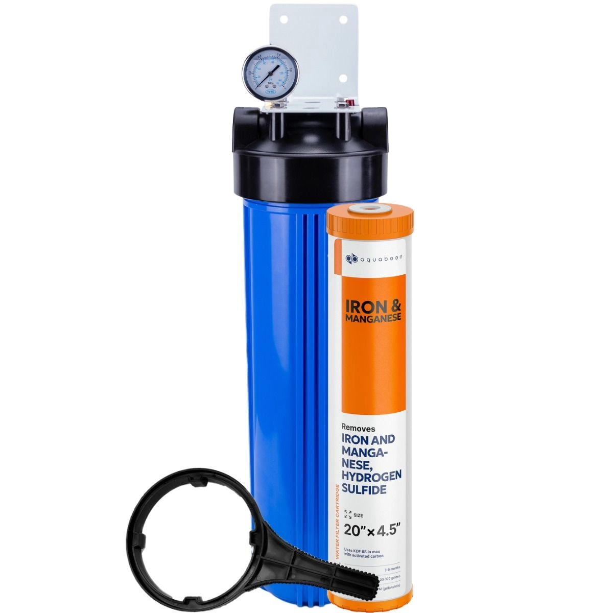 1-Stage 20" Whole House Water Filtration System by Aquaboon For Iron And Manganese Filtration On White Coated Iron Bracket SKU: AB-WH20BB-1IRM20BB