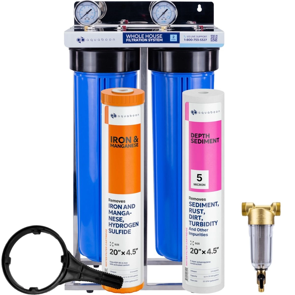 2-Stage 20" Whole House Water Filtration System by Aquaboon For Iron And Manganese Filtration On Stainless Steel Bracket SKU: AB-2WHS20BB-1IRM20BB-1S20BB5M