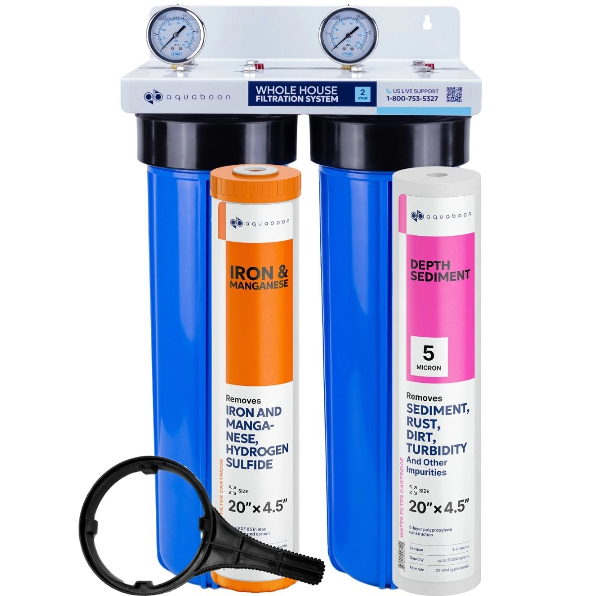 2-Stage 20" Whole House Water Filtration System by Aquaboon For Iron And Manganese Filtration On White Coated Iron Bracket SKU: AB-2WH20BB-1IRM20BB-1S20BB5M