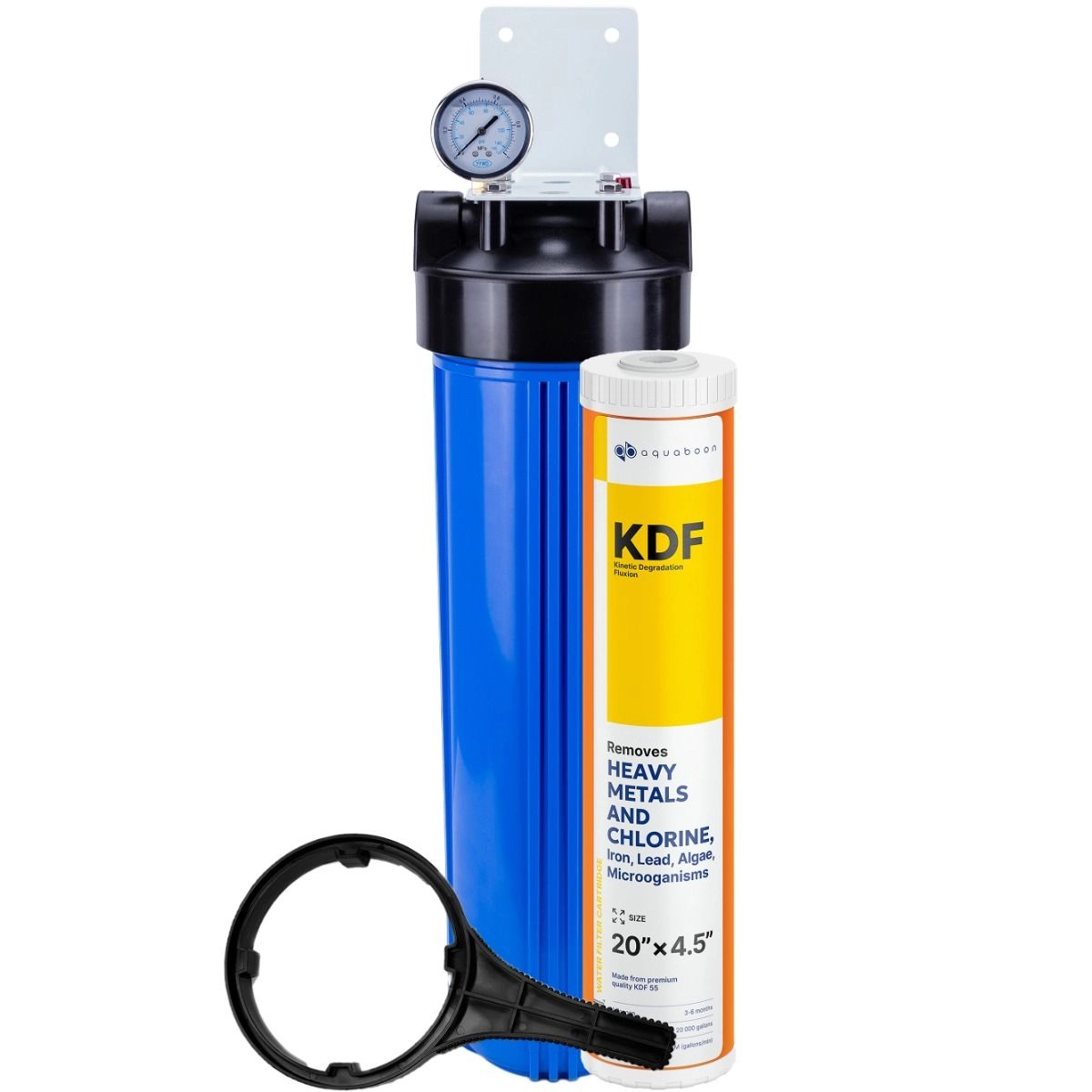 1-Stage 20" Whole House Water Filtration System by Aquaboon For Heavy Metals Filtration On White Coated Iron Bracket SKU: AB-WH20BB-1K20BB