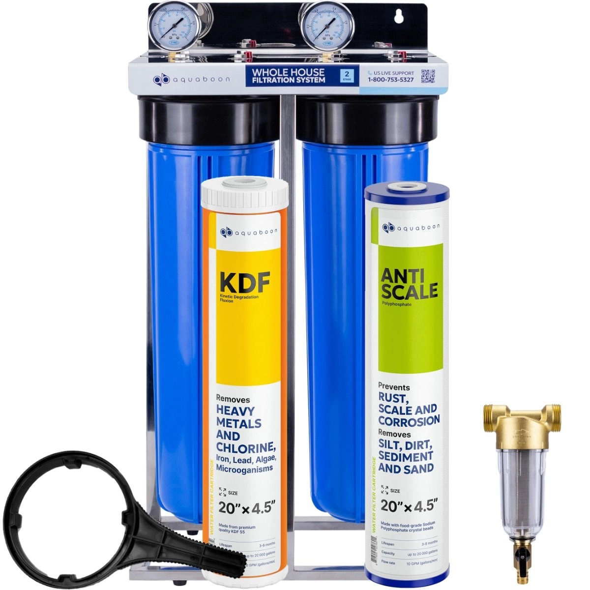 Anti Scale And Heavy Metals 2-Stage 20" Whole House Water Filtration System by Aquaboon On Stainless Steel Bracket SKU: AB-2WHS20BB-1K20BB-1PPH20BB