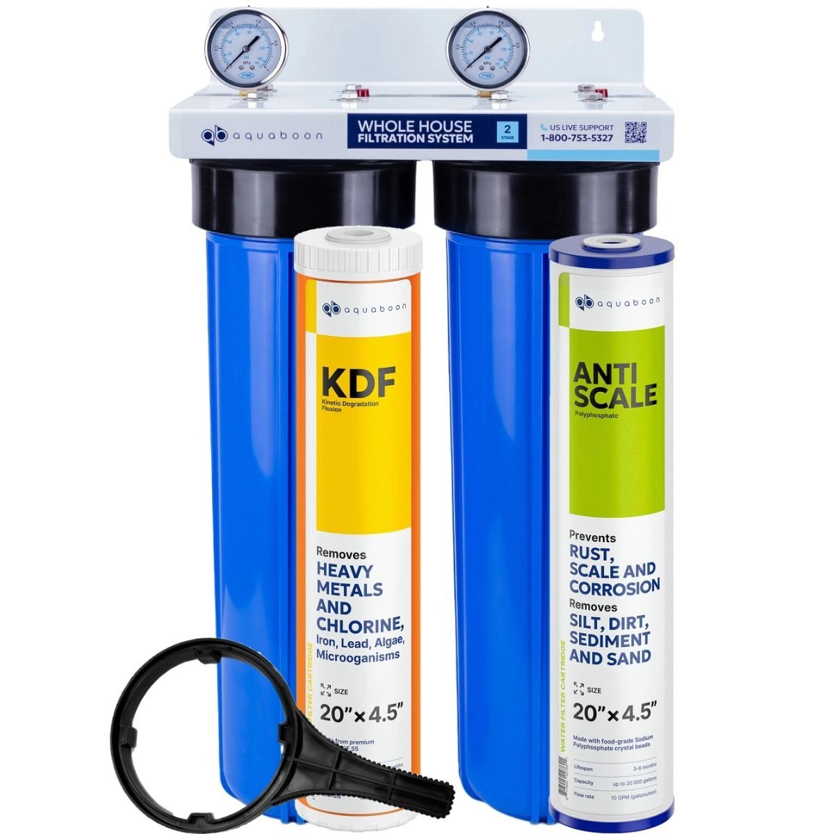 Anti Scale And Heavy Metals Filtration 2-Stage 20" Whole House Water Filtration System by Aquaboon On White Coated Iron Bracket SKU: AB-2WH20BB-1K20BB-1PPH20BB