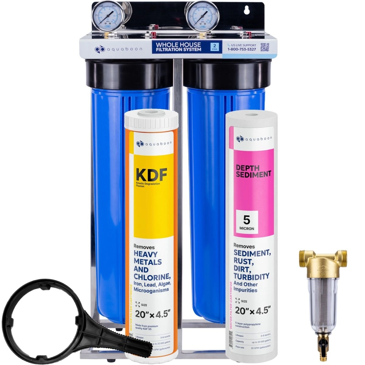 Heavy Metals Filtration 2-Stage 20" Whole House Water Filtration System by Aquaboon On Stainless Steel Bracket SKU: AB-2WHS20BB-1K20BB-1S20BB5M