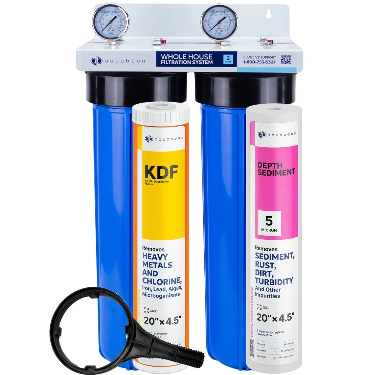 Heavy Metals Filtration 2-Stage 20" Whole House Water Filtration System by Aquaboon On White Coated Iron Bracket SKU: AB-2WH20BB-1K20BB-1S20BB5M