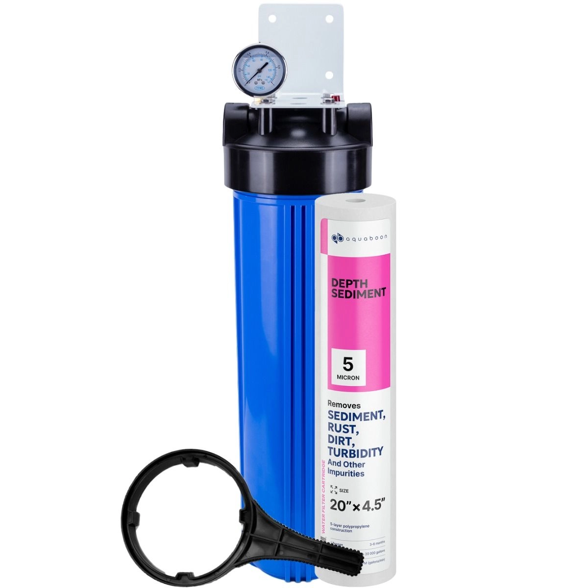 1-Stage 20" Whole House Water Filtration System by Aquaboon For Sediment Filtration On White Coated Iron Bracket SKU: AB-WH20BB-1S20BB5M