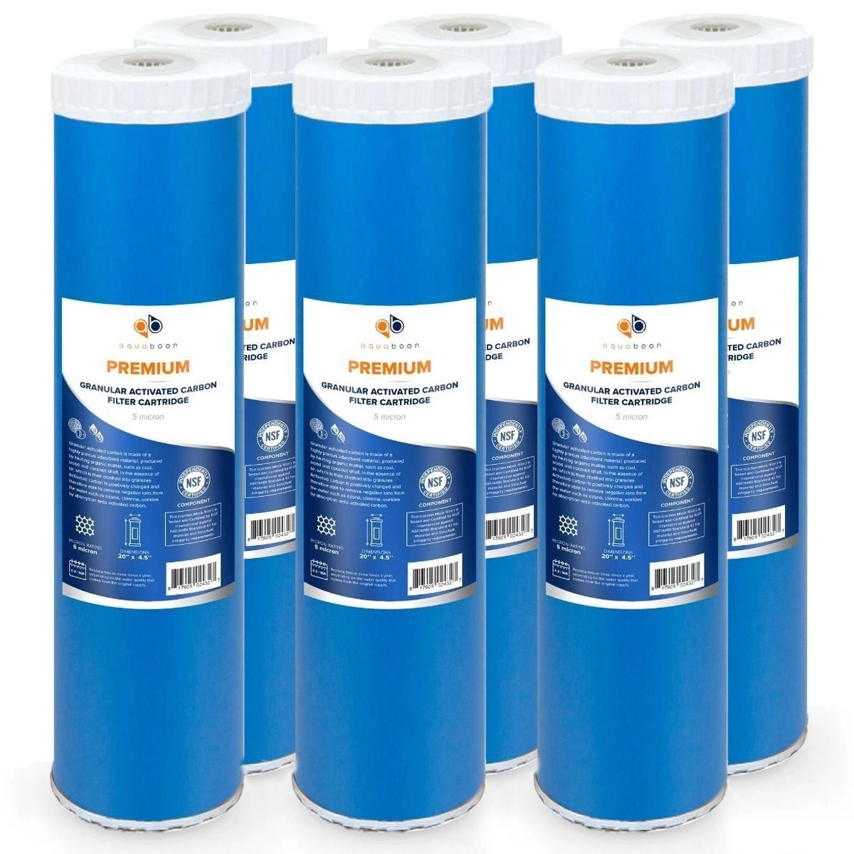 6 Pack Of Premium Aquaboon 5 Micron 20 x 4.5 Inch. GAC Water Filter Cartridge