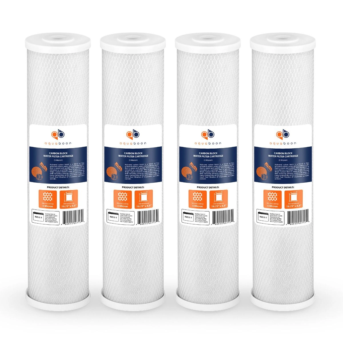 4 Pack Of Aquaboon 5 Micron 20 x 4.5 Inch. Carbon block Water Filter Cartridge