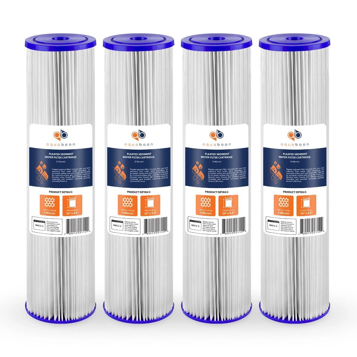 4 Pack Of Aquaboon 5 Micron 20 x 4.5 Inch Pleated Sediment Water Filter Cartridge AB-4PL20BB5M