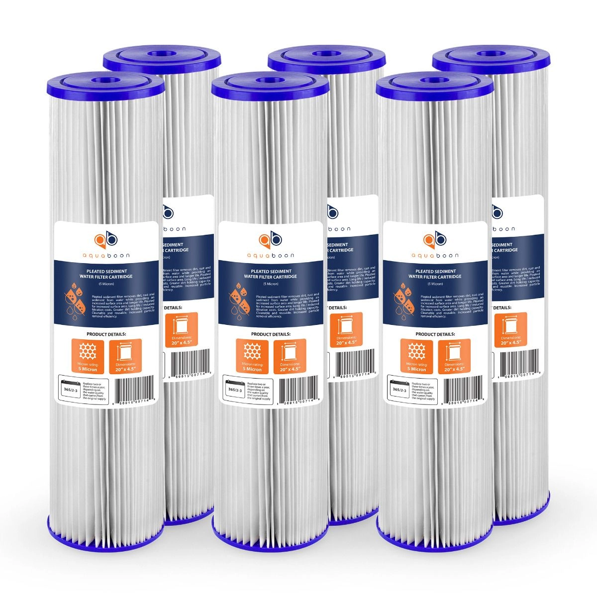 6 Pack Of Aquaboon 5 Micron 20 x 4.5 Inch Pleated Sediment Water Filter Cartridge AB-6PL20BB5M