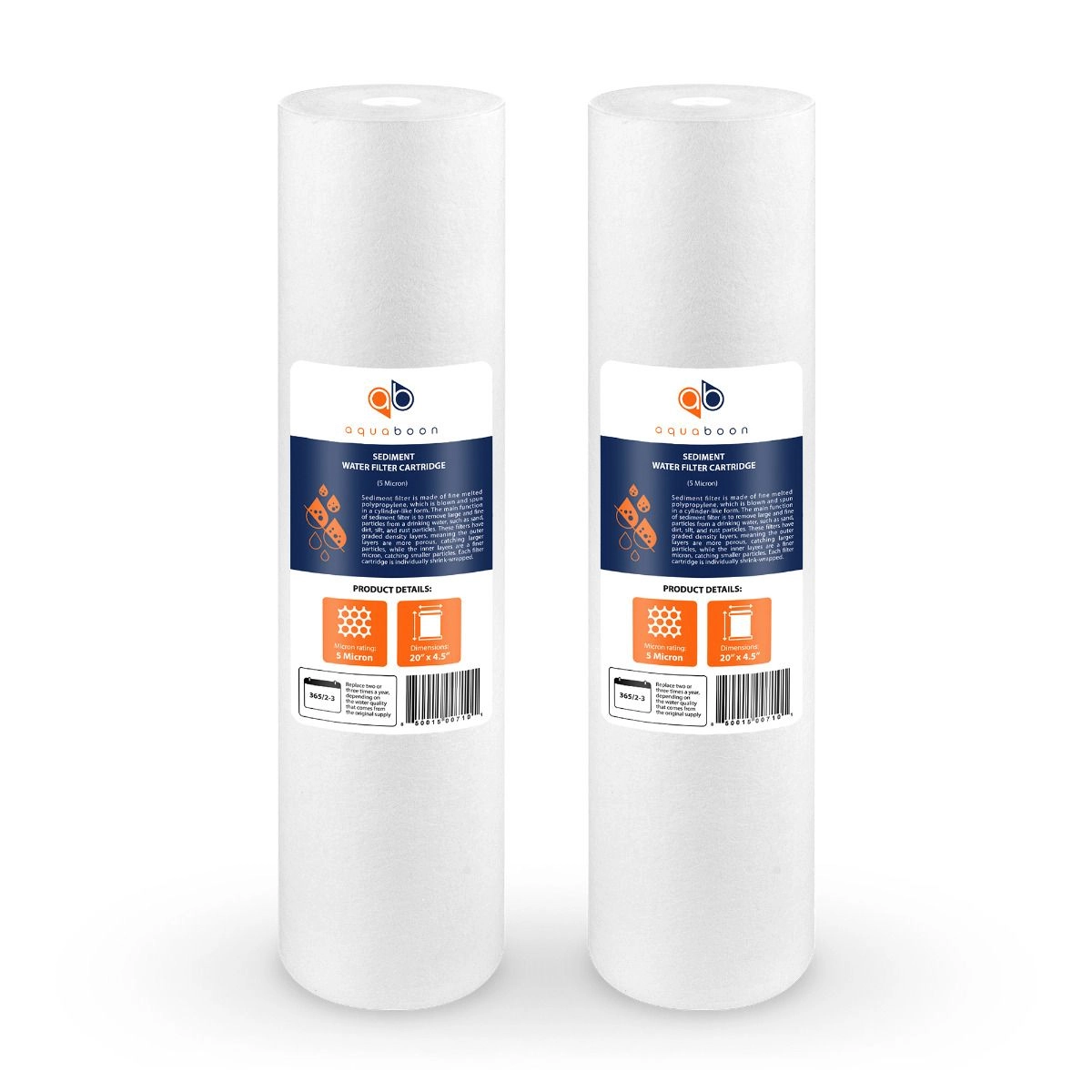 2 Pack Of Aquaboon 5 Micron 20 x 4.5 Inch Sediment Water Filter Cartridge