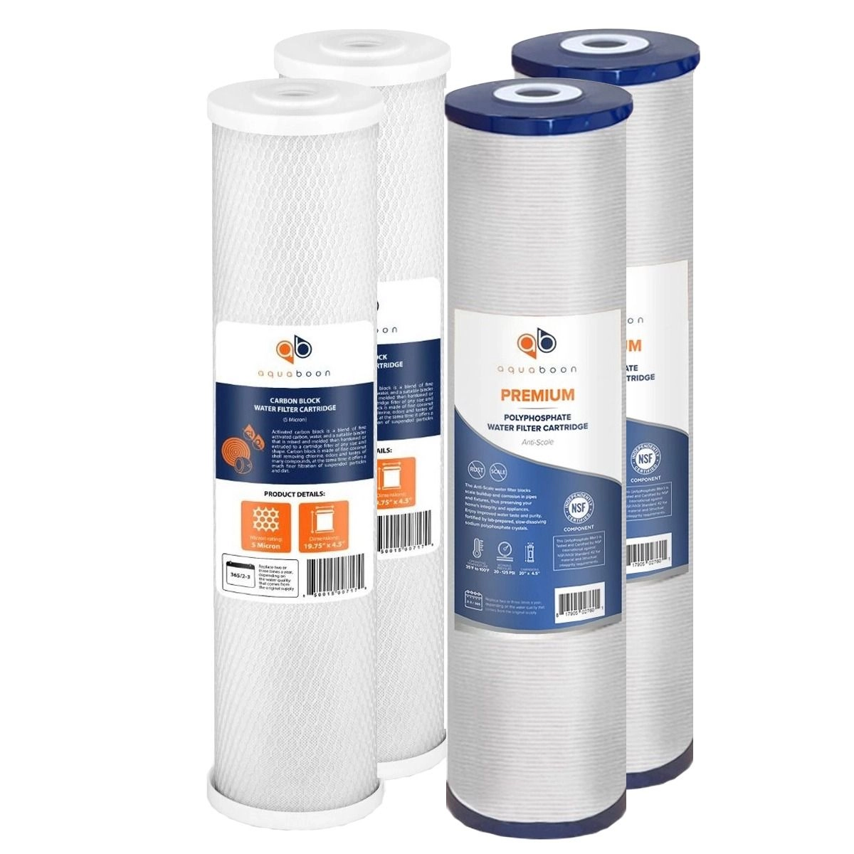 Aquaboon 10 x 4.5 Inch. 2 Stage Filters Set (Carbon, Polyphosphate Filters) For Anti Scale Filtration Systems
