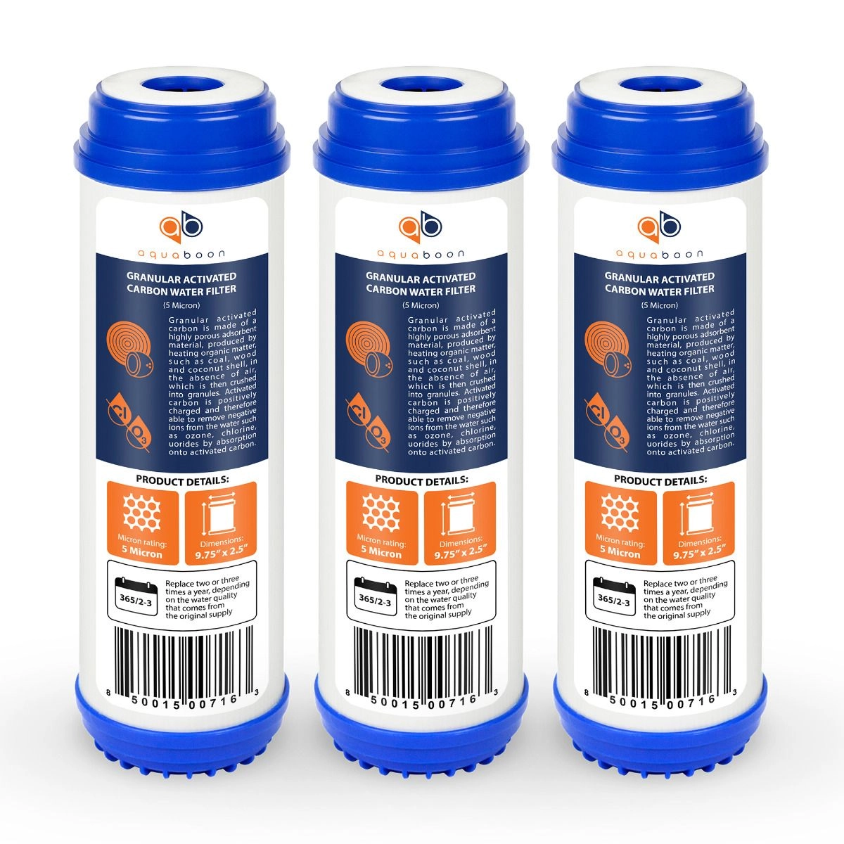 3 Pack Of Aquaboon 5 Micron 10 x 2.5 Inch. GAC Water Filter Cartridge
