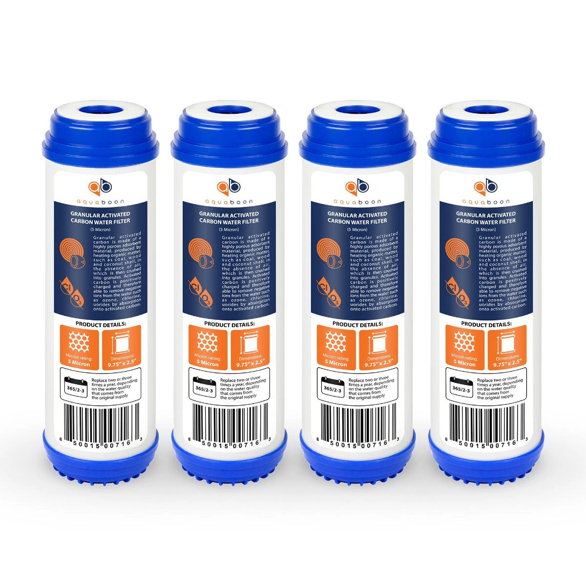 4 Pack Of Aquaboon 5 Micron 10 x 2.5 Inch. GAC Water Filter Cartridge