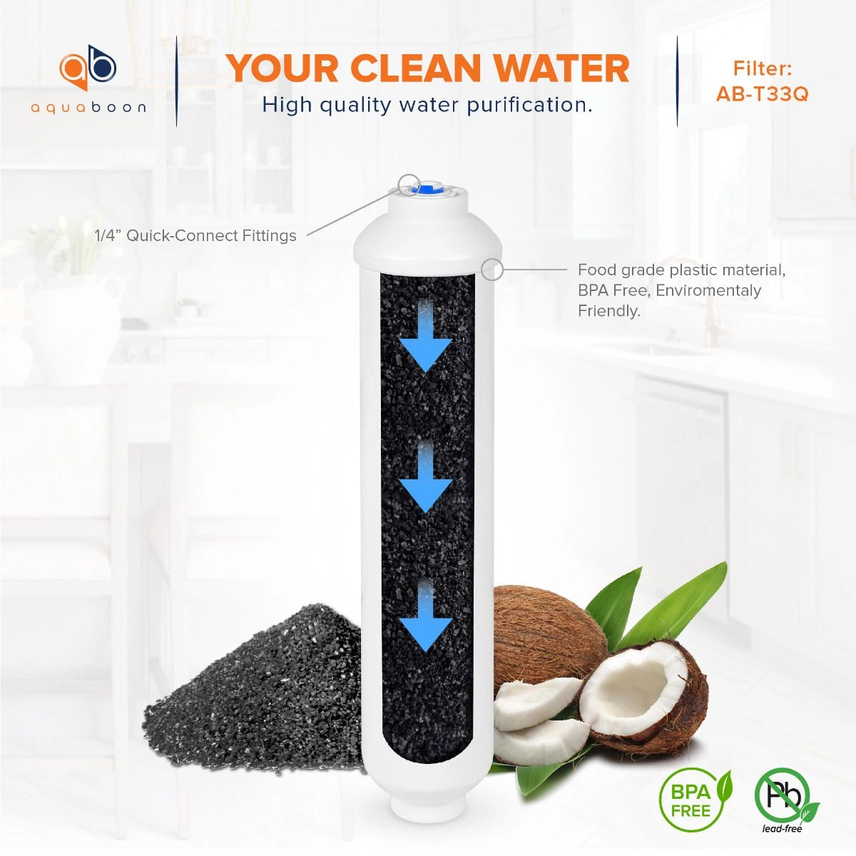 1-8 Pack T33 Inline Post Carbon Water Filter – 1/4 QC, 10x2.5, For RO System & Refrigerator, Membrane Solutions