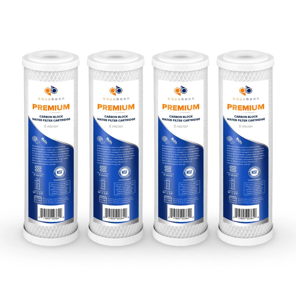 4 Pack Of Premium Aquaboon 5 Micron 10 x 2.5 Inch. Carbon block Water Filter Cartridge