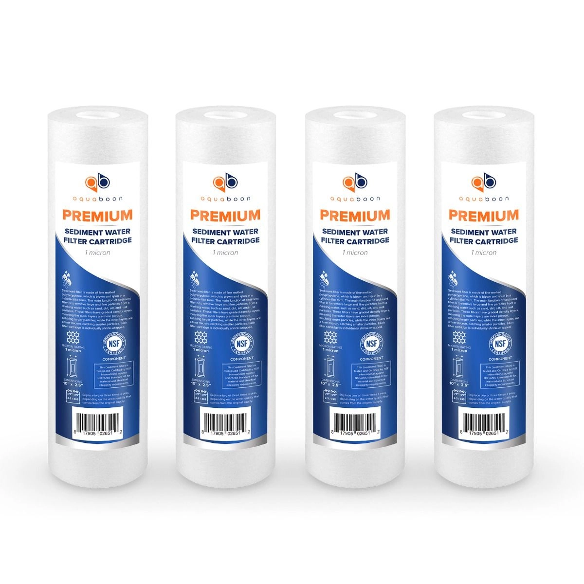 4 Pack Of Aquaboon Premium NSF CERTIFIED 1 Micron 10 x 2.5 Inch Sediment Water Filter Cartridge