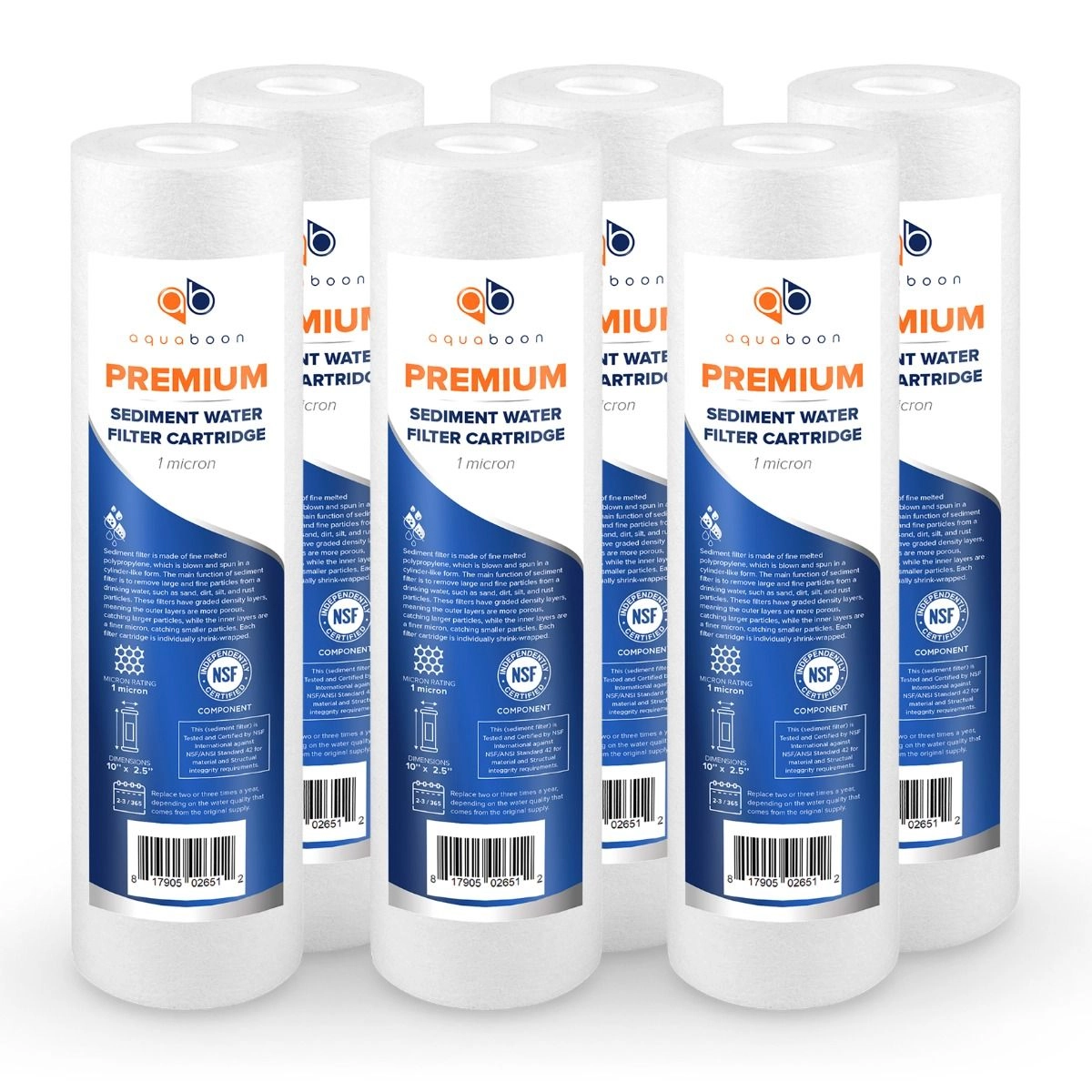 6 Pack Of Aquaboon Premium NSF CERTIFIED 1 Micron 10 x 2.5 Inch Sediment Water Filter Cartridge